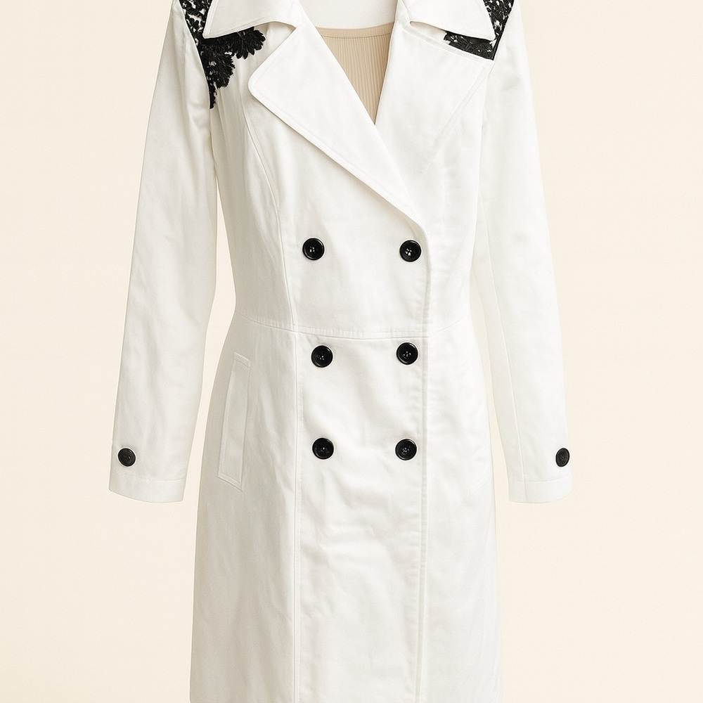 Ashley Stewart White Trench Coat w/ Black Lace Detail | NWOT | Size 14/16